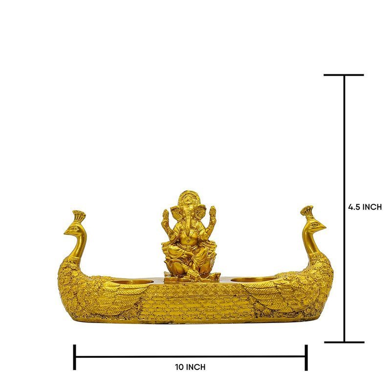 Lord Ganesha Idol with Twin Peacock Diya Stand Golden Polyresin Ganpati Showpiece for Home Temple Decor & Festive Lighting 10 Inch