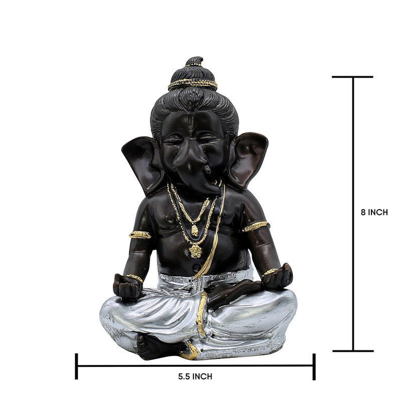 Lord Ganesha Idol for Home Decor | Black & Silver Meditating Ganpati Statue | Polyresin Ganesh Murti for Pooja Room, Office, Car Dashboard & Gift 6 Inch