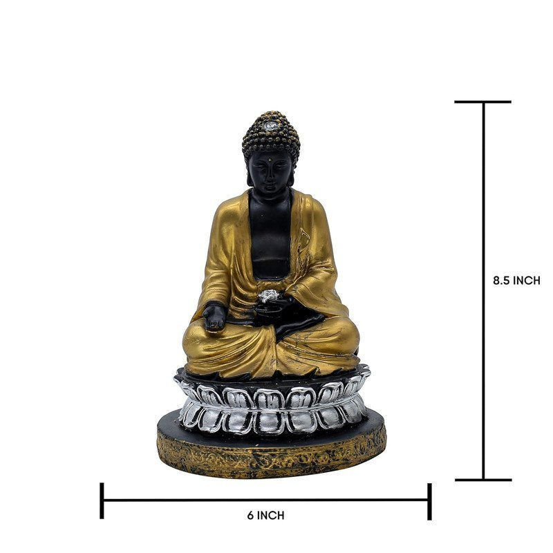 Samadhi Buddha Statue, Black and Gold, 21.6 x 15.2 cm, Silver Lotus Base