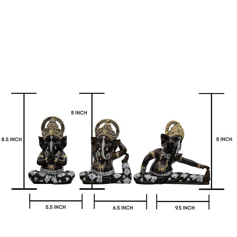 Set of 3 Lord Ganesha Idols for Home Decor | Black Polyresin Ganpati Statue with Gold & Silver Detailing | Decorative Murti for Pooja Room, Office, Gift & Festive Decor