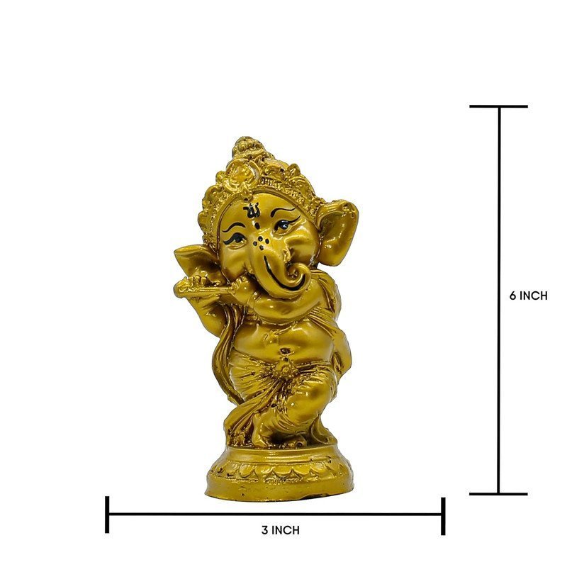 Handcrafted Resin Lord Ganesha Flute Playing Statue Gold Baby Ganesh Idol for Puja Room, Home & Temple Decor, Spiritual Gift for Diwali & Ganesh Chaturthi