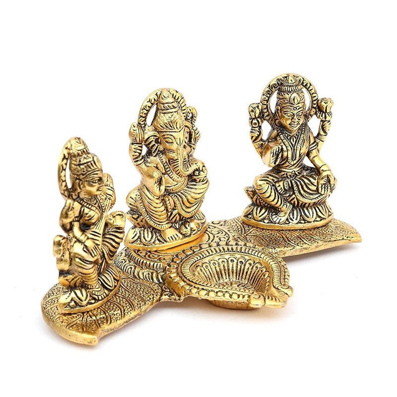 Brass Lakshmi-Ganesha-Saraswati Diya Holder on Leaf Plate Gold-Tone Hindu Trio Statues with Oil Lamp for Puja Room, Temple & Home Decor, Diwali & Wedding Gift