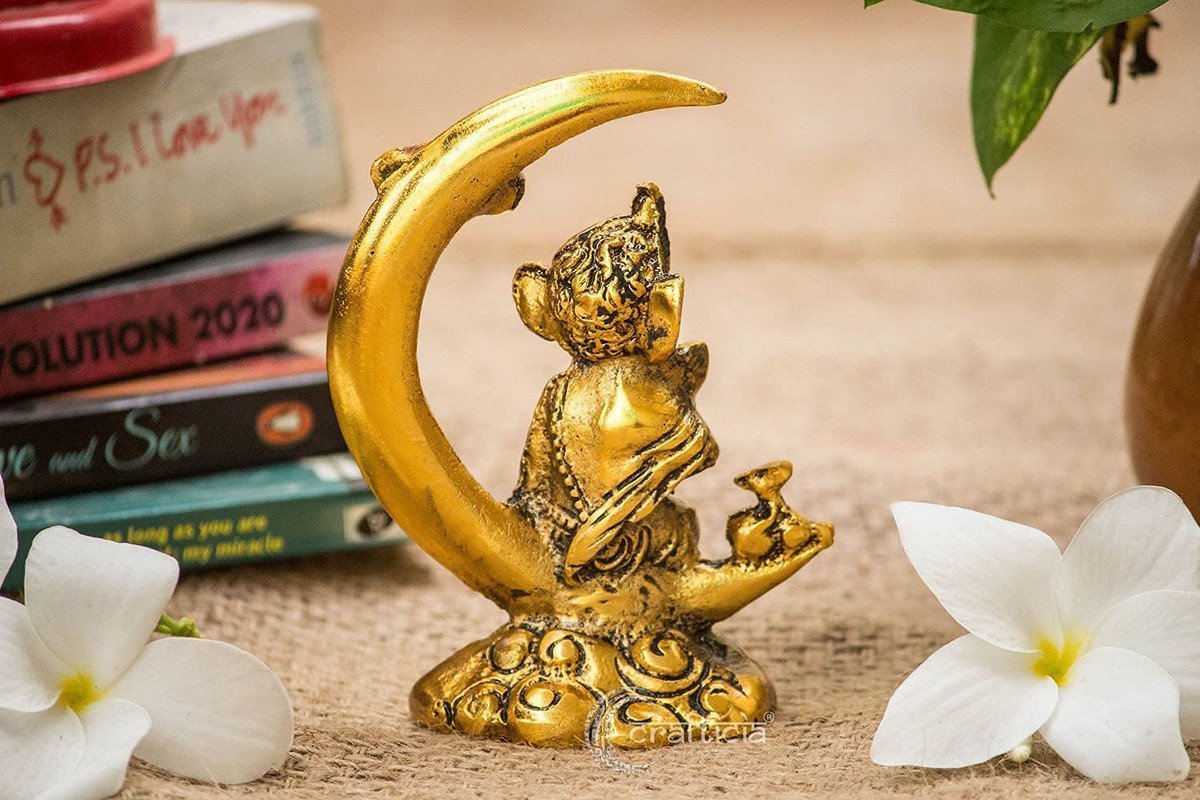 Golden Ganesha Statue on Crescent Moon - Hindu Deity Figurine for Spiritual Peace Golden Ganesha Statue on Crescent Moon - Hindu Deity Figurine for Spiritual Peace