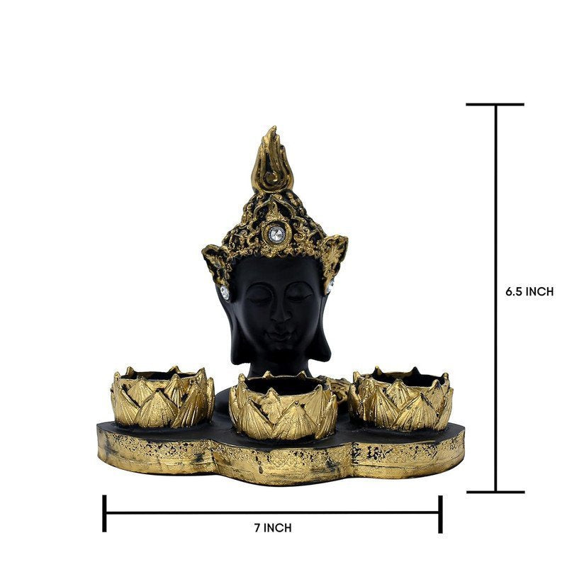 Resin Buddha Head Tealight Candle Holder Black & Gold Statue with 3 Lotus Votive Stands, 7 Home & Garden decor for Meditation & Spiritual Gift