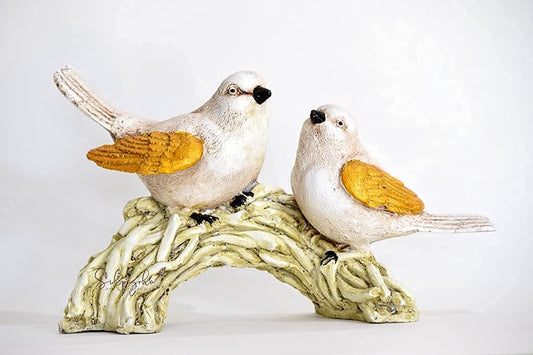 Adorable Bird Figurines on Branch - White and Gold Decorative Statue for Home and Garden