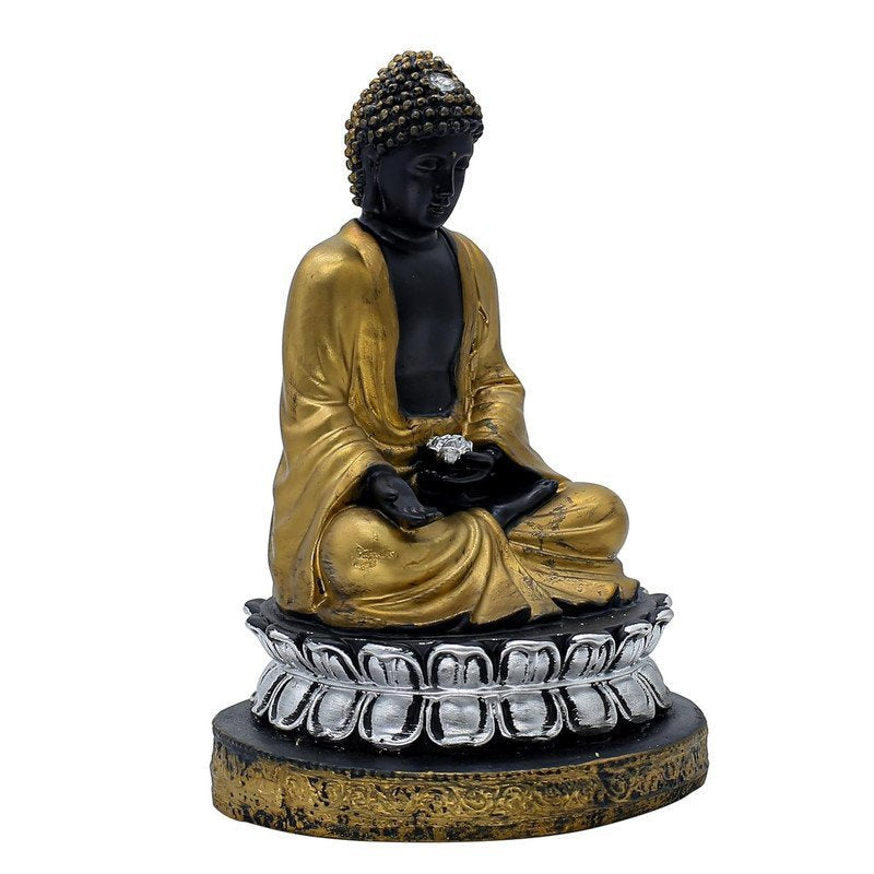 Samadhi Buddha Statue, Black and Gold, 21.6 x 15.2 cm, Silver Lotus Base