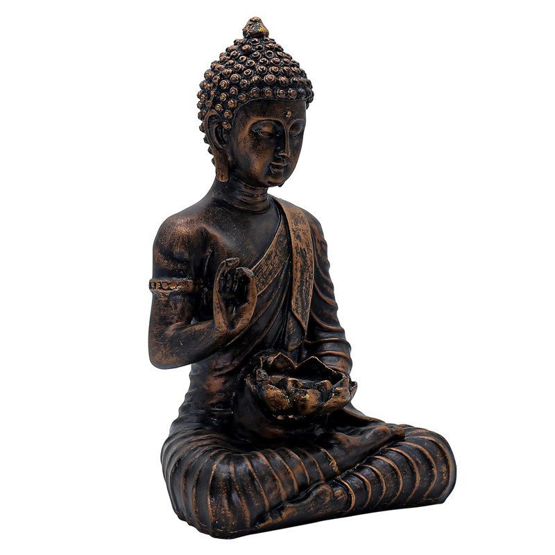 Meditation Buddha Statue with Lotus Bowl for Office Decor, Bronze Antique Finish, 24.1 x 16.5 cm