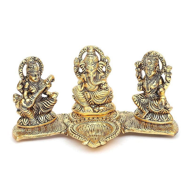 Brass Lakshmi-Ganesha-Saraswati Diya Holder on Leaf Plate Gold-Tone Hindu Trio Statues with Oil Lamp for Puja Room, Temple & Home Decor, Diwali & Wedding Gift
