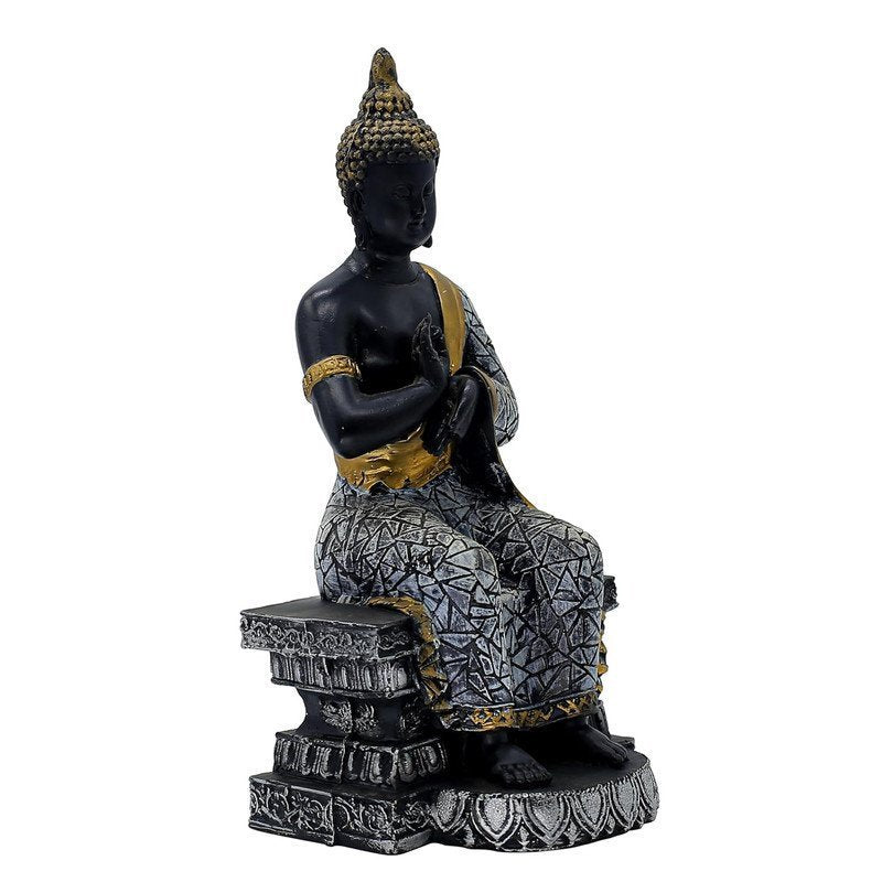 Buddha Sculpture Home Decor, Black and Gold Mosaic Design, 26.7 cm x 12.7 cm,Resin Mindfulness Figurine in Black & Gold, Meditation Statue for Living Room, Desk & Spiritual Gift