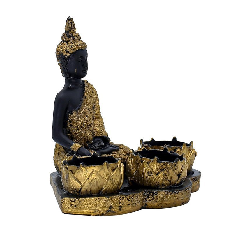 Resin Buddha Head Candle Holder with 3 Lotus Tealight Stands Black & Gold Decorative Showpiece for Home, Altar & Spiritual Gifting