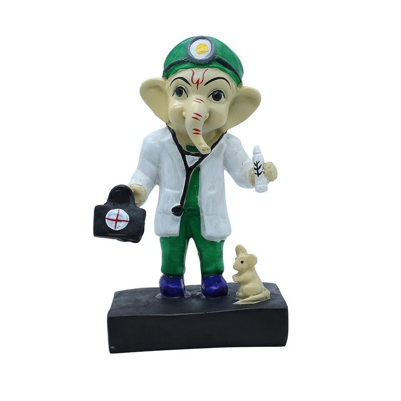 Doctor Ganesha Idol Lord Ganpati Statue in Doctor Avatar with Mouse Polyresin Showpiece for Home, Clinic, Hospital, Gift for Doctors 8 Inch