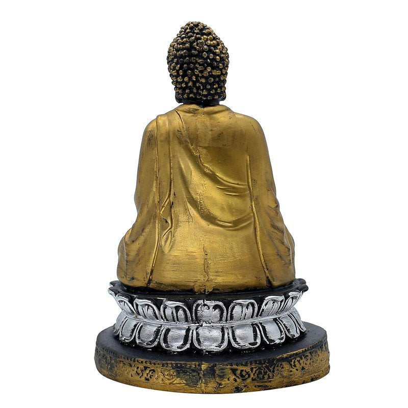 Samadhi Buddha Statue, Black and Gold, 21.6 x 15.2 cm, Silver Lotus Base