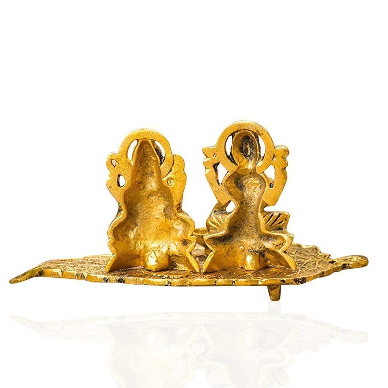 Brass Lakshmi Ganesha Diya Holder on Leaf Puja Plate GoldTone Hindu Deity Statue with Diya for Temple & Home Altar decor, Diwali & Housewarming Gift