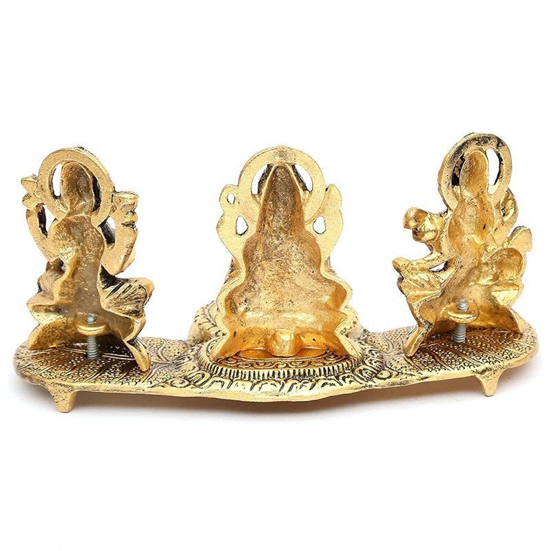 Brass Lakshmi-Ganesha-Saraswati Diya Holder on Leaf Plate Gold-Tone Hindu Trio Statues with Oil Lamp for Puja Room, Temple & Home Decor, Diwali & Wedding Gift