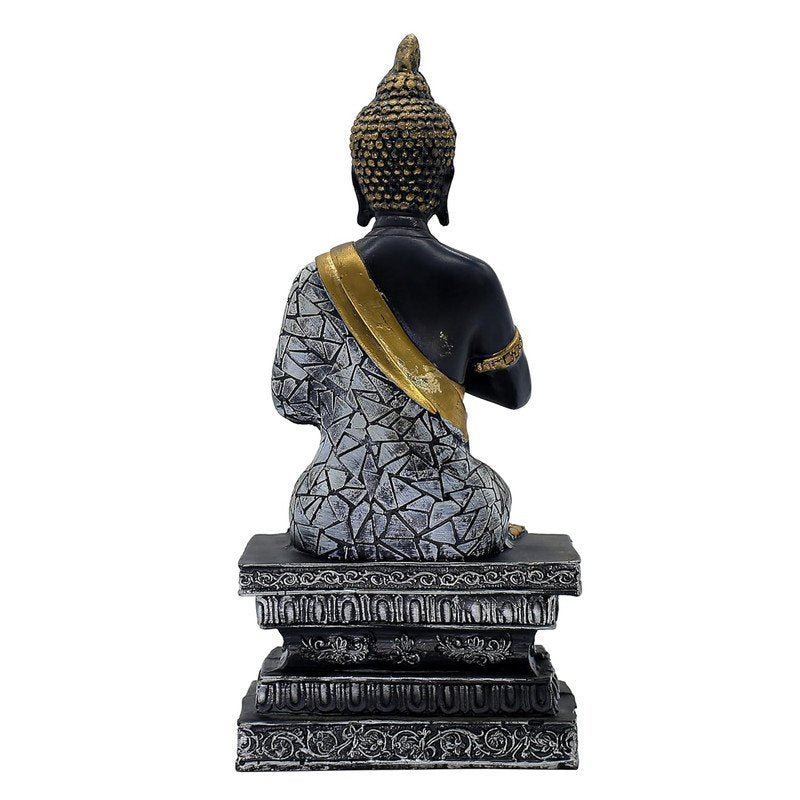 Buddha Sculpture Home Decor, Black and Gold Mosaic Design, 26.7 cm x 12.7 cm,Resin Mindfulness Figurine in Black & Gold, Meditation Statue for Living Room, Desk & Spiritual Gift