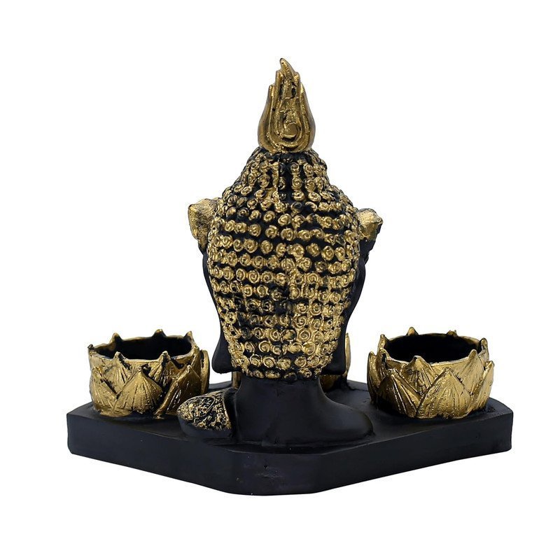Resin Buddha Head Tealight Candle Holder Black & Gold Statue with 3 Lotus Votive Stands, 7 Home & Garden decor for Meditation & Spiritual Gift