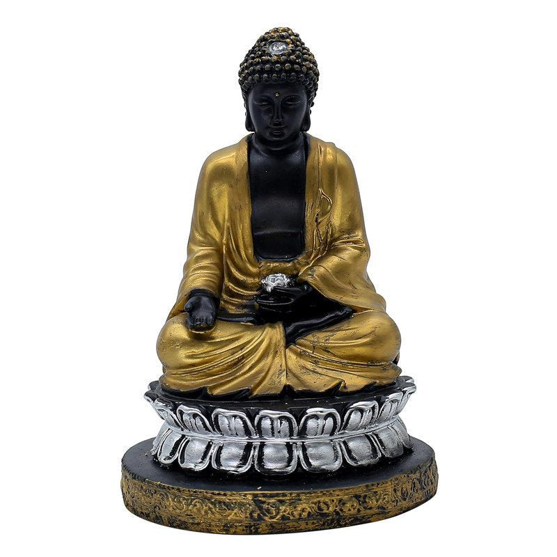 Samadhi Buddha Statue, Black and Gold, 21.6 x 15.2 cm, Silver Lotus Base