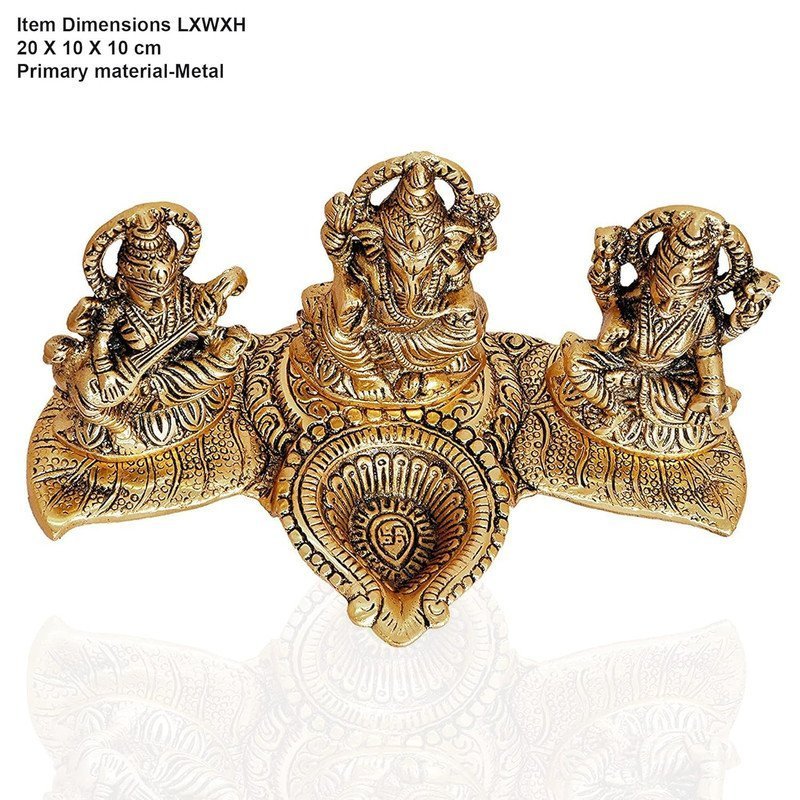 Brass Lakshmi-Ganesha-Saraswati Diya Holder on Leaf Plate Gold-Tone Hindu Trio Statues with Oil Lamp for Puja Room, Temple & Home Decor, Diwali & Wedding Gift