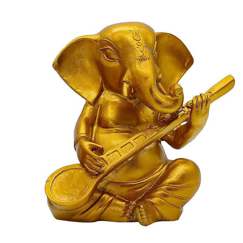 Golden Lord Ganesha Idol Playing Sitar | Musical Ganpati Statue in Polyresin for Home Decor, Pooja Room, Car Dashboard & Festive Gift | Decorative Ganesh Murti 5 Inch