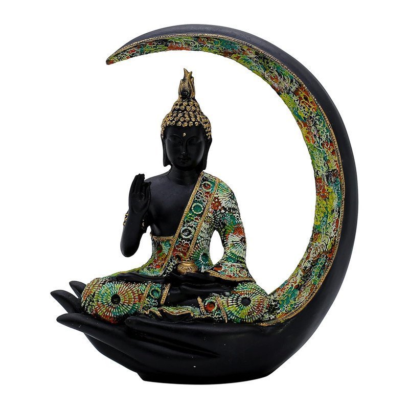 Resin Buddha Hand Statue Black & Gold Abhaya Mudra Sculpture with Seated Buddha, Zen Home decor, Meditation Accent & Spiritual Gift