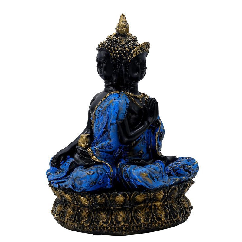 Buddha Statue Meditation Figurine, Black and Blue Resin, 34 cm x 25.4 cm, Gold-Accented Lotus Base