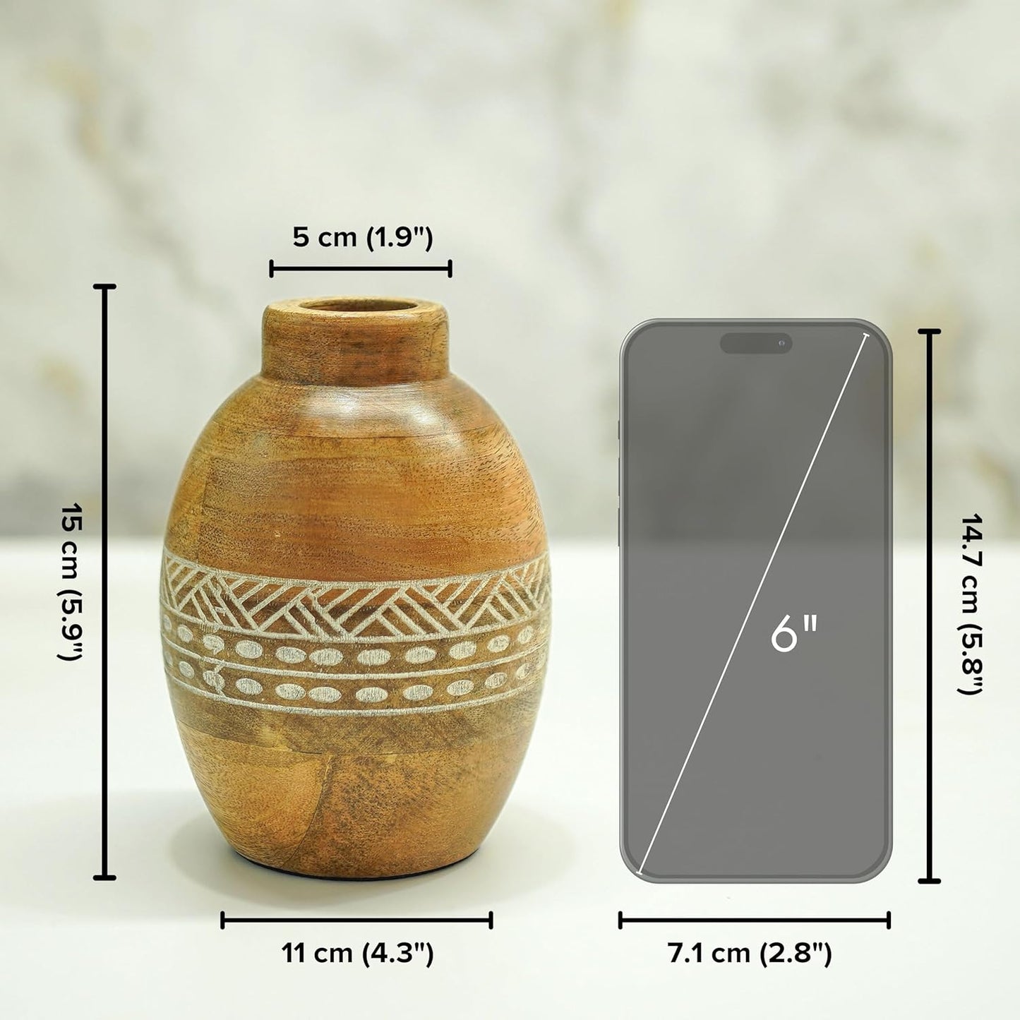 Flower Vase, Mango Wood Flower Vases, Bulb with Etching, for Decor Home Living Room Kitchen Office, Diwali Decoration