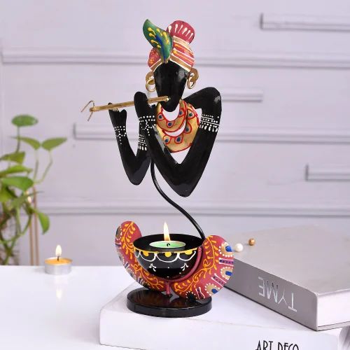 Metal Decorative Black Krishna T Lite Holder | Handcrafted Tea Light Candle Stand for Home Temple & Festival Décor