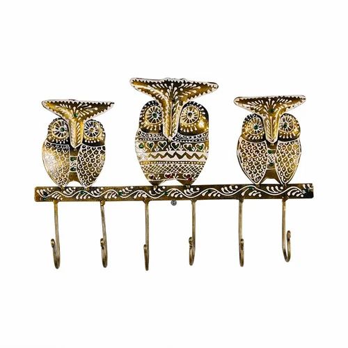 Beautiful Handcrafted Metal Golden Owl Key Holder | Hand Painted Wall Hanging Key Organizer | Perfect Gift for Home Decor