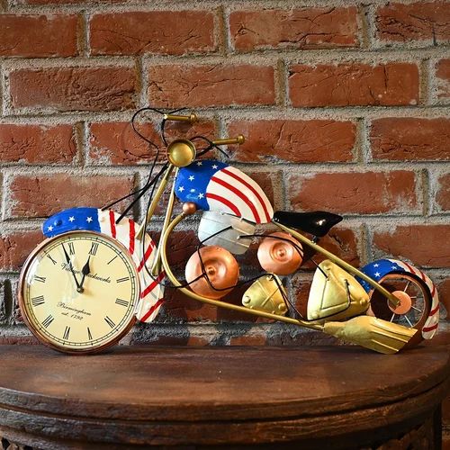 Handcrafted Metal American Bike Showpiece with Clock | Retro Home & Office Decoration Piece