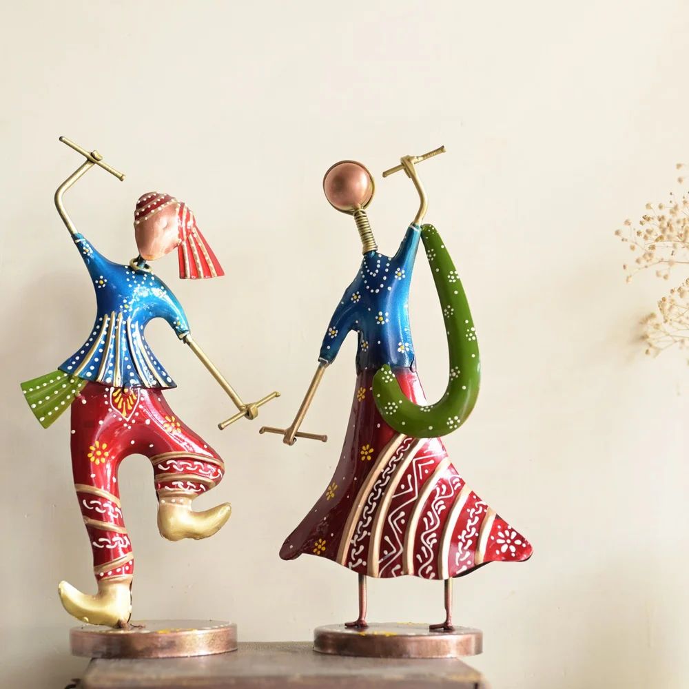 Table Top Metal Dandiya Couple Blue | Handcrafted Decorative Showpiece for Home & Office Décor | Artistic Rajasthani Folk Dance Figurine