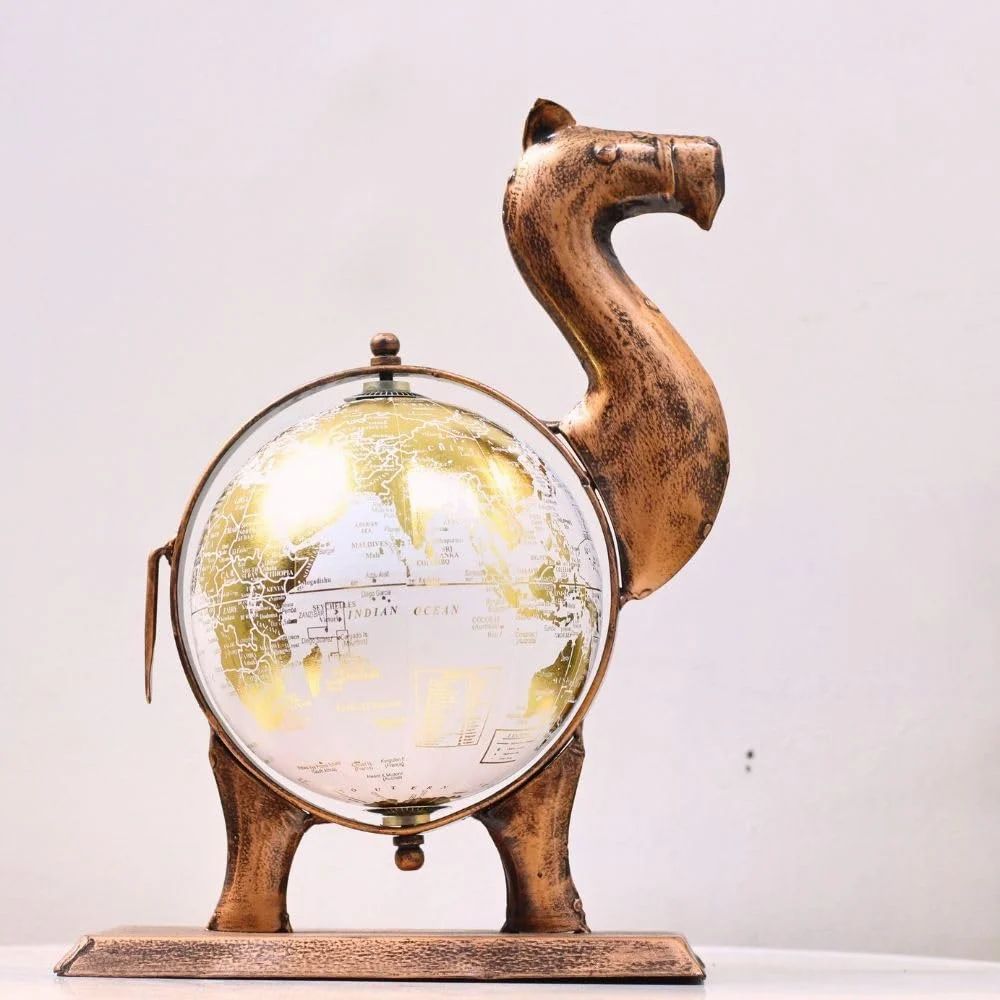 Elegant Metal Camel Globe for Table Decor | Artistic Handcrafted Home Decoration Piece | Antique Finish Showpiece for Living Room & Office