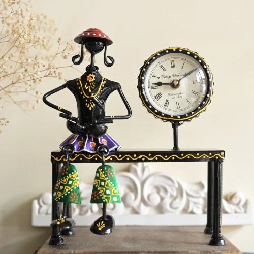 Decorative Sitting Doll with Clock in Metal | Handcrafted Table Showpiece with Timepiece | Unique Home & Office Décor Gift Item