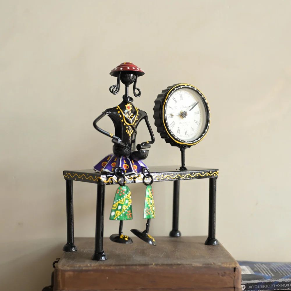 Decorative Sitting Doll with Clock in Metal | Handcrafted Table Showpiece with Timepiece | Unique Home & Office Décor Gift Item