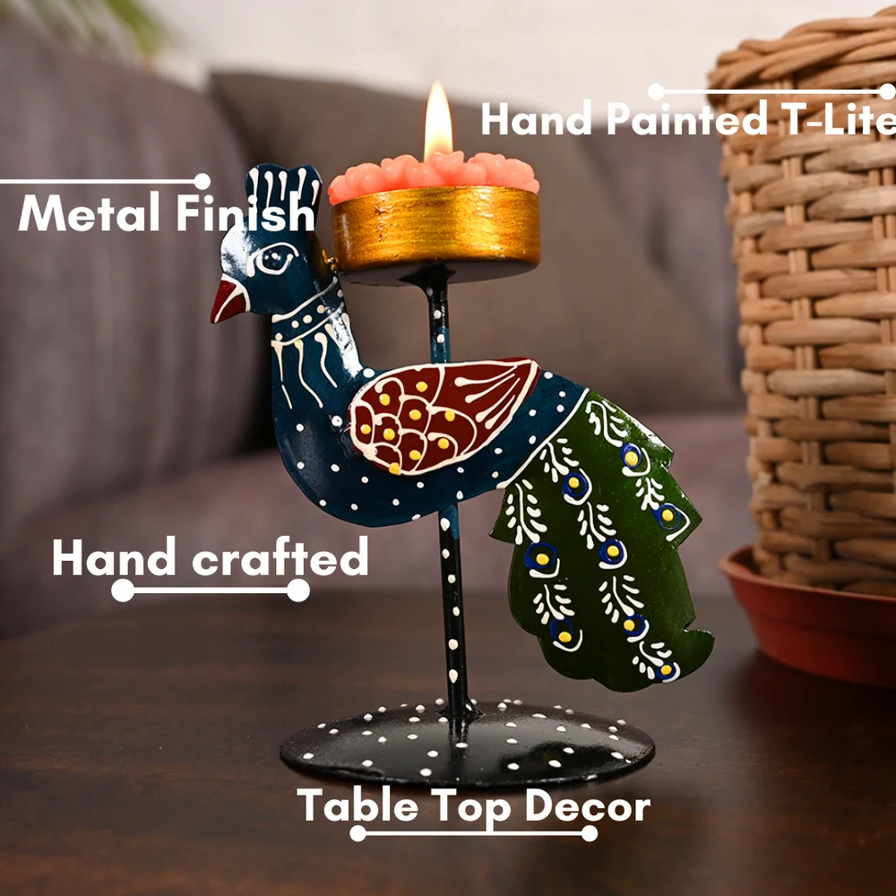 Metal Peacock T Lite Holder for Decoration | Elegant Tealight Candle Stand for Living Room & Gifting