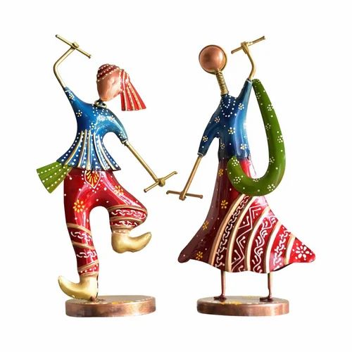 Table Top Metal Dandiya Couple Blue | Handcrafted Decorative Showpiece for Home & Office Décor | Artistic Rajasthani Folk Dance Figurine