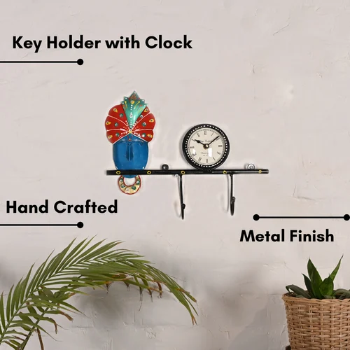 Wall Decorative Krishna Clock Key Holder in Metal | Elegant Lord Krishna Wall Hanging with Key Hooks | Home & Office Décor Gift