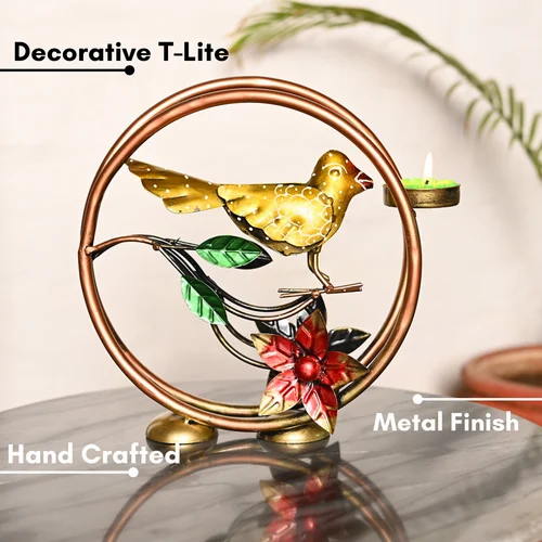 Handcrafted Metal Round Bird Tea Light Holder | Decorative Candle Holder for Living Room & Gifting