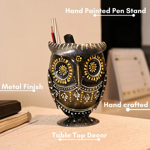 Handcrafted Metal Owl Pen Holder for Desk | Stylish Stationery Organizer | Artistic Home & Office Table Decor Gift
