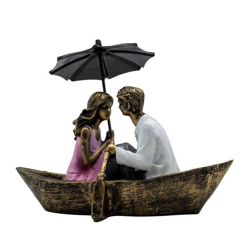 Romantic Couple in Boat Resin Sculpture HandPainted Umbrella Love Statue for Home Decor, Anniversary, Valentines Day Gift