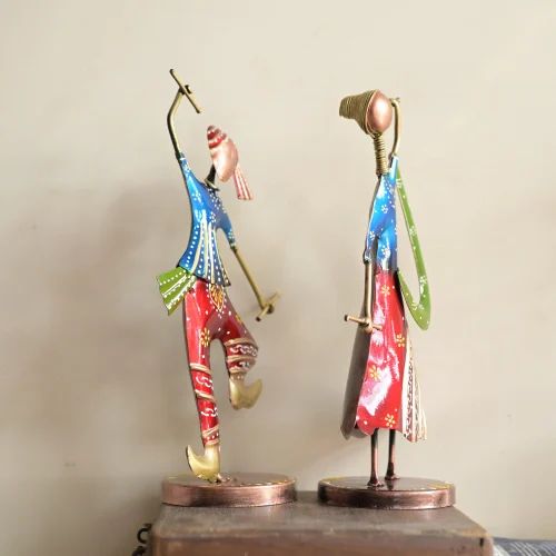 Table Top Metal Dandiya Couple Blue | Handcrafted Decorative Showpiece for Home & Office Décor | Artistic Rajasthani Folk Dance Figurine