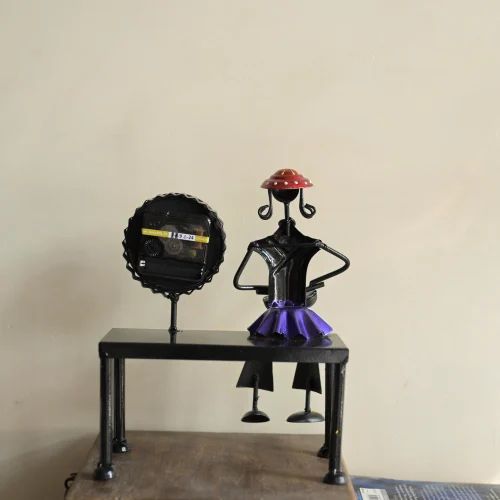 Decorative Sitting Doll with Clock in Metal | Handcrafted Table Showpiece with Timepiece | Unique Home & Office Décor Gift Item