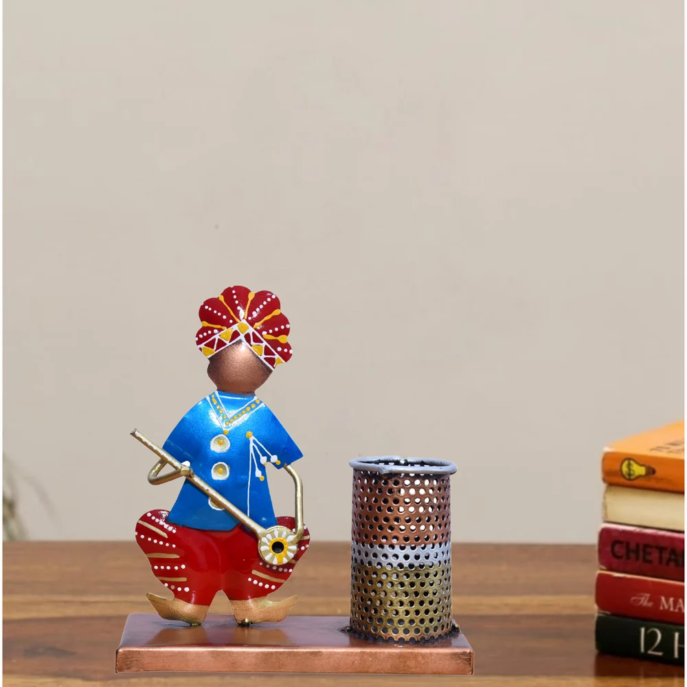 Decorative Metal Blue Men Pen Stand | Handcrafted Desk Organizer | Artistic Stationery Holder for Home & Office Decor