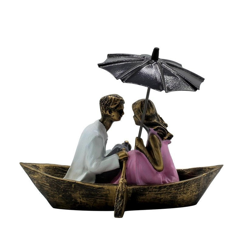 Romantic Couple in Boat Resin Sculpture HandPainted Umbrella Love Statue for Home Decor, Anniversary, Valentines Day Gift