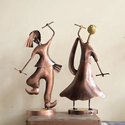 Table Top Metal Dandiya Couple Blue | Handcrafted Decorative Showpiece for Home & Office Décor | Artistic Rajasthani Folk Dance Figurine