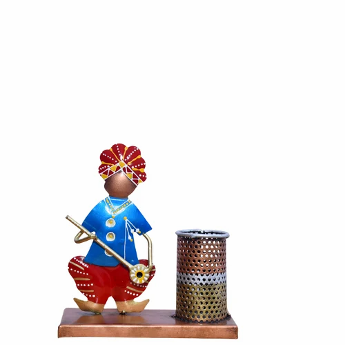 Decorative Metal Blue Men Pen Stand | Handcrafted Desk Organizer | Artistic Stationery Holder for Home & Office Decor