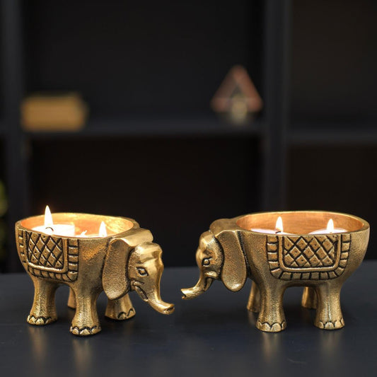 Aluminium Elephant for Good Luck | Statue for Tabletop Living Room Office | Candle Holder Gift Showpiece for Valentine's Day, Birthday (Candles/Plants Etc Not Included, Set of 1, Golden)