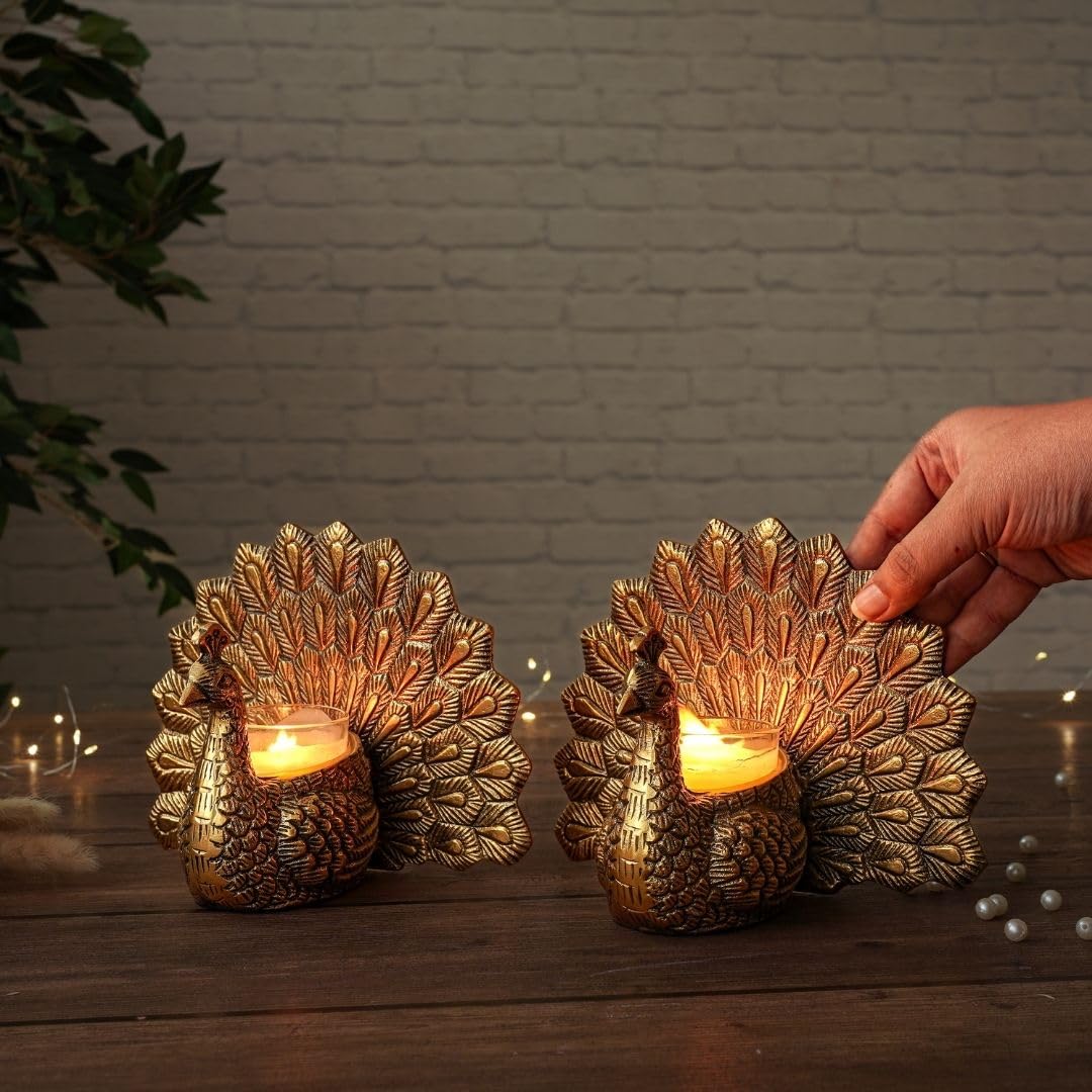 Aluminium Dancing Peacock Pair Figurine for Good Luck & Love | for Home Decor Tabletop Living Showpiece for Valentine's Day, (Scented Glass Votive Candle Included)