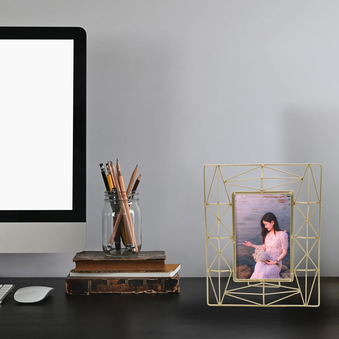 Elegant Golden Metal Geometric Designer Rectangular Table Top Photo Frame | Best Gift for home decor, Birthday, Anniversary, Valentine's day