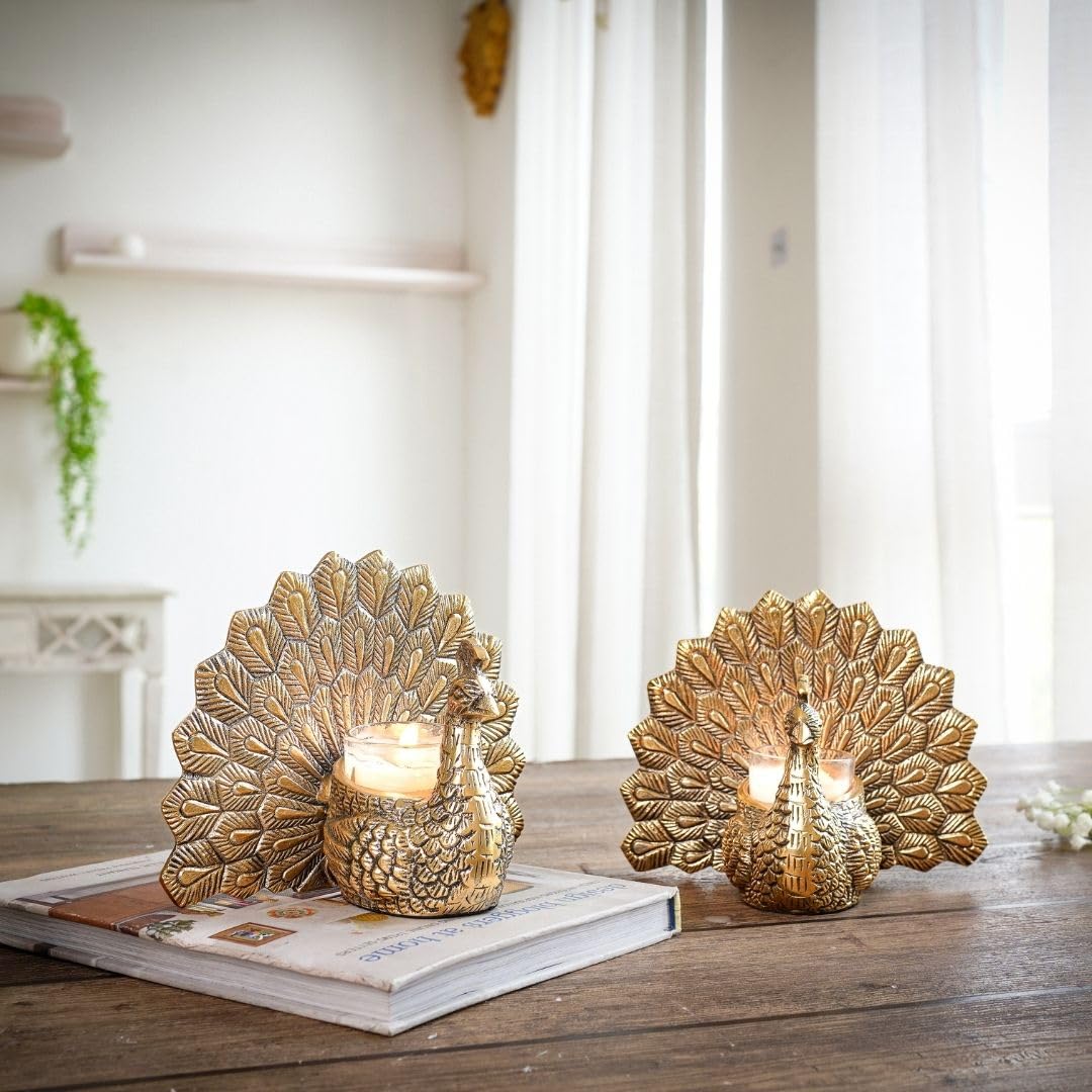 Aluminium Dancing Peacock Pair Figurine for Good Luck & Love | for Home Decor Tabletop Living Showpiece for Valentine's Day, (Scented Glass Votive Candle Included)