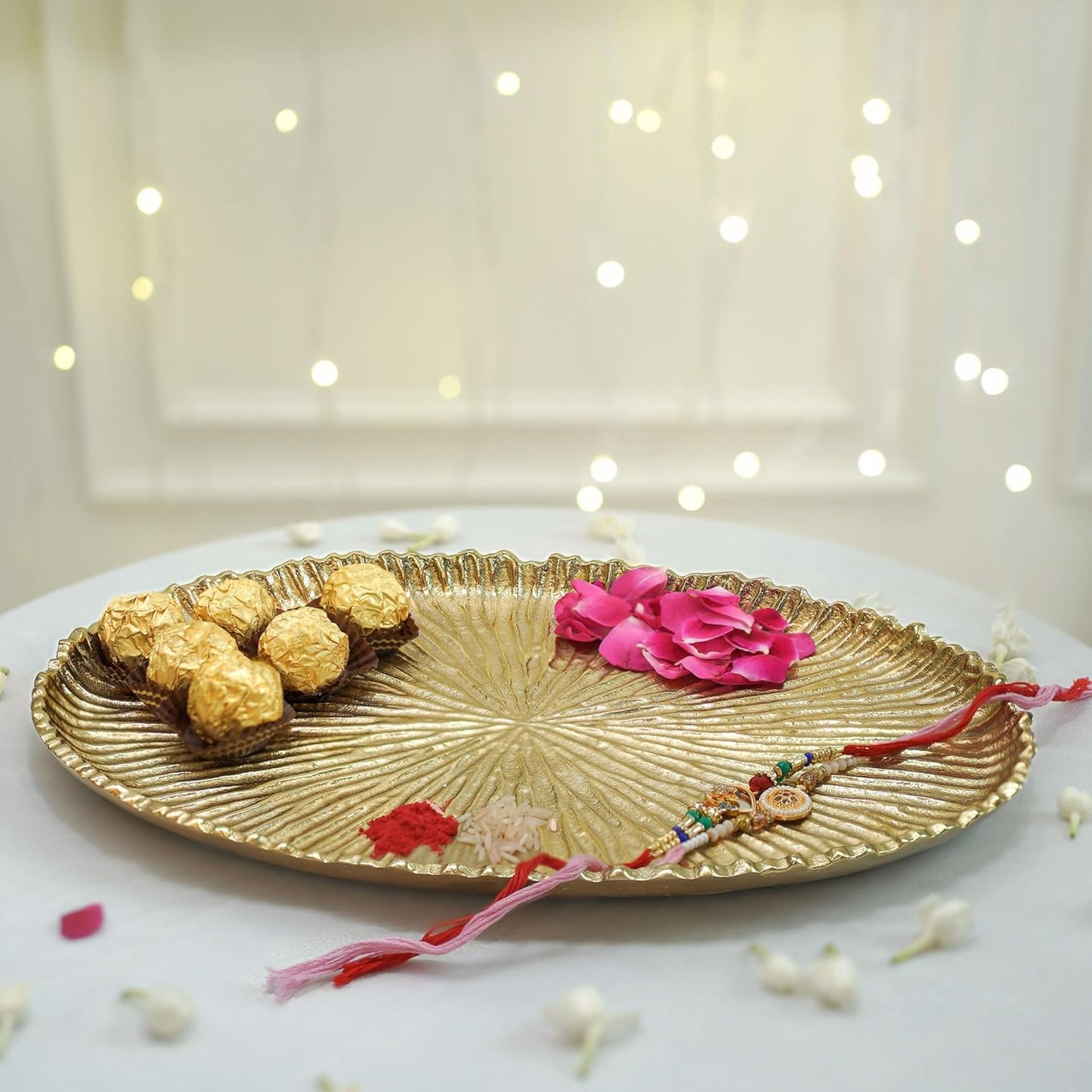 Aluminium Decorative Tray for Home Decor| Round Handcrafted Sunburst Pooja Thali for Temple, Premium Center Table & Festival Decor Serving Plate | Best for Diwali Pooja, Golden